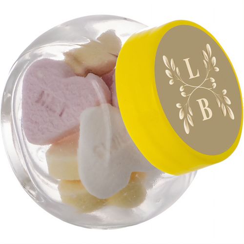 Mikro Glas 50 ml gefüllt mit Süßigkeiten (Art.-Nr. CA900231) - Mikro Glas 50 ml mit gelbem Deckel...