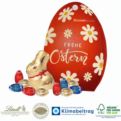 Werbe-Osterei mit Goldhase und Schoko-Eier von Lindt auf Graspapier (Art.-Nr. CA155285) - Sympathische Kundenbindung zum attraktiv...