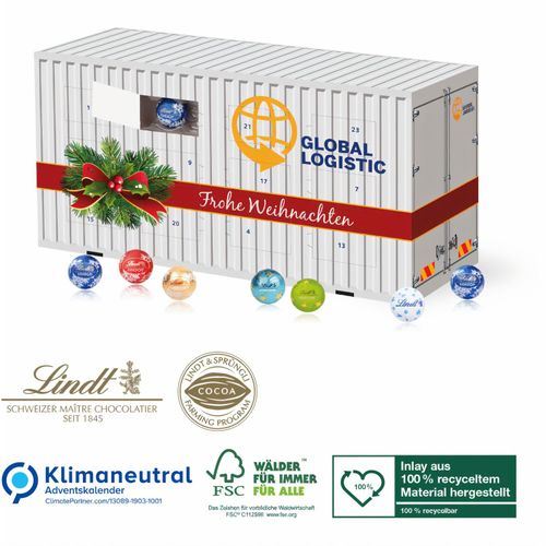 3D Adventskalender Container mit Lindt Lindor, Klimaneutral, FSC®, Inlay aus 100% recyceltem Material (Art.-Nr. CA226508) - Das perfekte Präsent für die Logistik-...