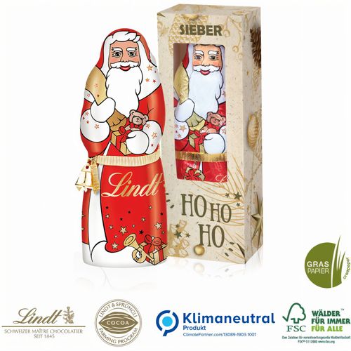 Lindt Weihnachtsmann mit Glöckchen, 70 g auf Graspapier, Klimaneutral, FSC® (Art.-Nr. CA711954) - Kult-Weihnachtsmann individuell verpackt...