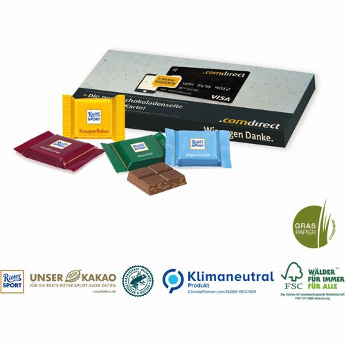 Ritter SPORT Schokotäfelchen in Präsentbox auf Graspapier, Klimaneutral, FSC® (Art.-Nr. CA840241) - Bunter Schokoladengenuss werbestark...