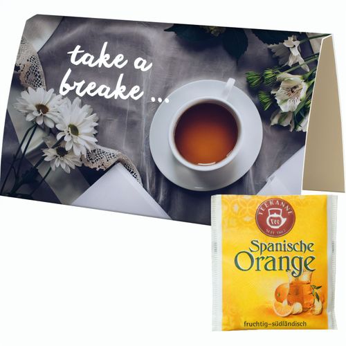 Beuteltee Spanische Orange, ca. 2,5g, Werbekarte gefaltet (Art.-Nr. CA037047) - Werbekarte gefaltet aus Papier. Werbeanb...
