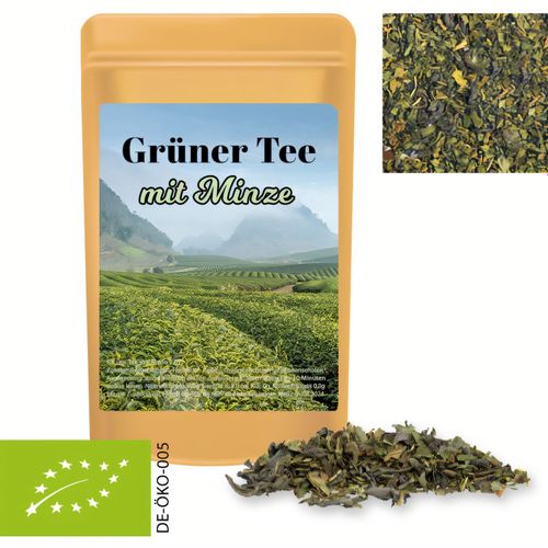 Bio Grüner Tee mit Minze, ca. 12g, Standbeutel Mini (Art.-Nr. CA056186) - Standbeutel Mini aus Kraftpapier....