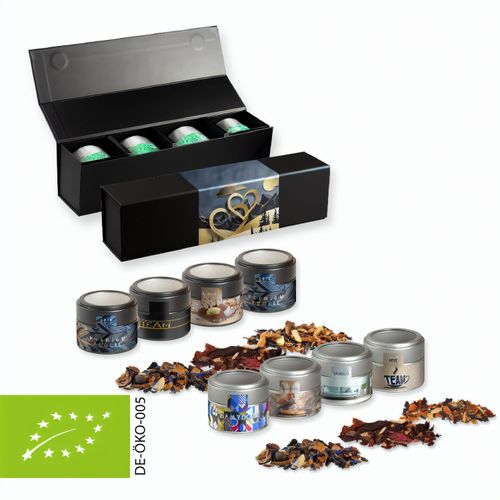 Verschiedene Weihnachts Teesorten, Bio und nicht-Bio, ca. 120-140g, Geschenk-Set Premium schwarz mit Magnetverschluss und 4 Metalldosen Mini mit Sichtfenster (Art.-Nr. CA264177) - Geschenk-Set Premium schwarz mit Magnetv...