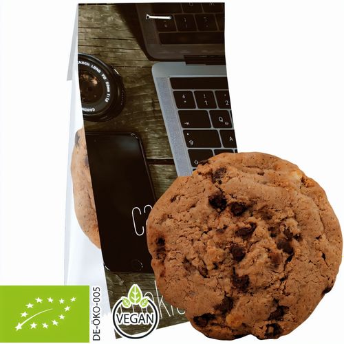 Bio Cookie Schoko-Cashew, ca. 25g, Express kompostierbarer Flowpack mit Werbereiter (Art.-Nr. CA413411) - kompostierbarer Flowpack aus weiße...
