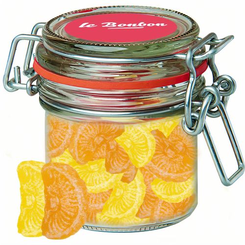 Zitrone und Orangen Bonbons, ca. 60g, Bonbonglas Mini (Art.-Nr. CA421565) - Bonbonglas Mini aus Glas. Werbeanbringun...