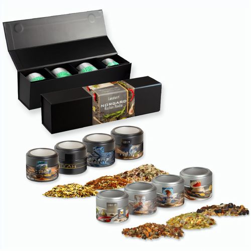 Verschiedene Weihnachts Gewürzmischungen, ca. 120-140g, Geschenk-Set Premium schwarz mit Magnetverschluss und 4 Metalldosen Mini mit Sichtfenster (Art.-Nr. CA545667) - Geschenk-Set Premium schwarz mit Magnetv...