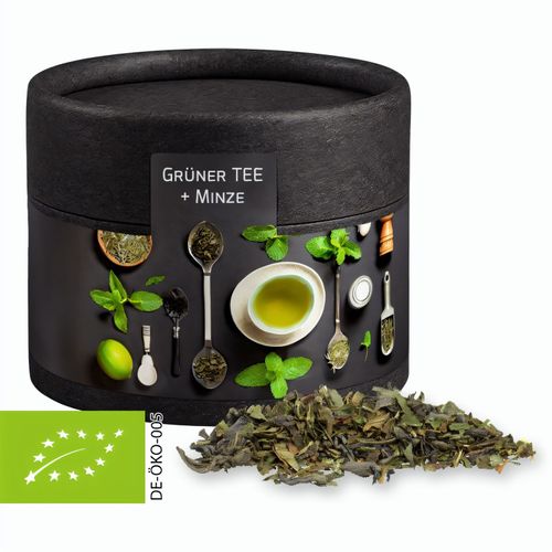 Bio Grüner Tee mit Minze, ca. 10g, Biologisch abbaubare Eco Pappdose Mini schwarz (Art.-Nr. CA550325) - Biologisch abbaubare Eco Pappdose Mini...