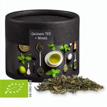 Bio Grüner Tee mit Minze, ca. 10g, Biologisch abbaubare Eco Pappdose Mini schwarz (individualisierbar) (Art.-Nr. CA550325)