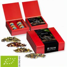 Verschiedene Teesorten, Bio und nicht-Bio, ca. 60-140g, Geschenk-Set Premium mit 4 Biologisch abbaubaren Eco Pappdosen Mini (individualisierbar) (Art.-Nr. CA621499)