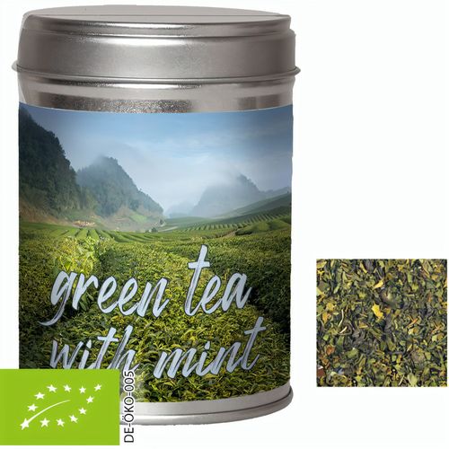Bio Grüner Tee mit Minze, ca. 35g, Dual-Dose (Art.-Nr. CA631810) - Dual-Dose aus Metall. Werbeanbringung...
