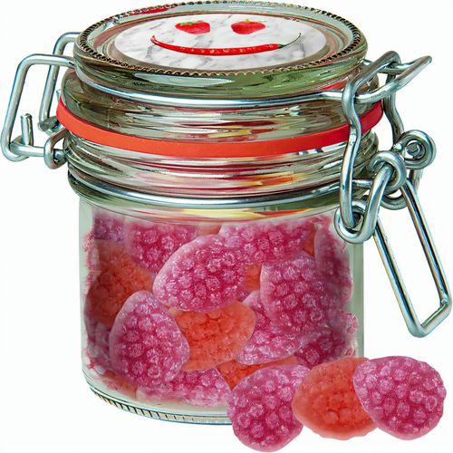 Erdbeer Chili Bonbons, ca. 60g, Bonbonglas Mini (Art.-Nr. CA645748) - Bonbonglas Mini aus Glas. Werbeanbringun...