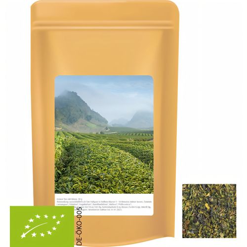 Bio Grüner Tee mit Minze, ca. 30g, Standbeutel Midi (Art.-Nr. CA850739) - Standbeutel Midi aus Kraftpapier....