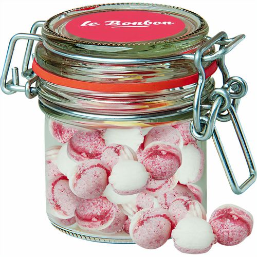 Erdbeer-Joghurt Bonbons, ca. 60g, Bonbonglas Mini (Art.-Nr. CA978576) - Bonbonglas Mini aus Glas. Werbeanbringun...