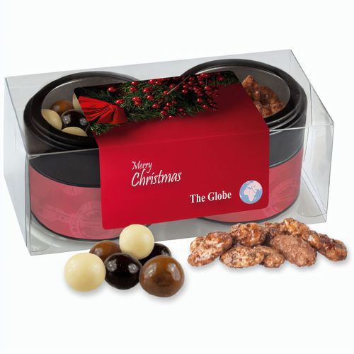 Knusper Weihnachtsset mit feuergebrannten Mandeln und Knusperkugeln im MIx, ca. 105g, Metalldose Mini mit Sichtfenster im 2er Set (Art.-Nr. CA995203) - Metalldose Mini mit Sichtfenster im 2er...