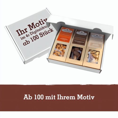 3 Premium Snacks im Geschenkkarton (versandfähig) (Art.-Nr. CA273691) - Ab 100 Stück mit Ihrem Etikett im 4...