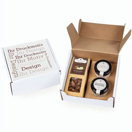 Geschenkkarton mit 1 Faltschachteln und 2 Gourmet Gewürzen im Glas (Art.-Nr. CA275974) - Ab 100 Stück mit Ihrem Etikett im 4...