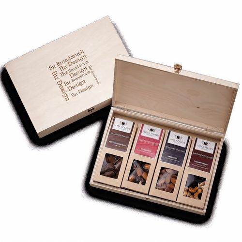 4 Premium Snacks in der Birkenholzbox (Art.-Nr. CA366705) - Ab 50 Stück mit Ihrem Branddruck au...