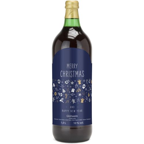 Glühwein - Flasche grün, 1 l - Motiv: Merry Christmas (blau) (Art.-Nr. CA353032) - Was passt besser in die besinnliche...