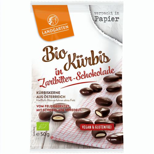 Bio Kürbis in Zartbitterschokolade (50g) (Art.-Nr. CA346820) - Geröstete Kürbiskerne umhüllt von Zar...