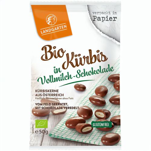Bio Kürbis in Vollmilchschokolade (50g) (Art.-Nr. CA596593) - Geröstete und gesalzene Kürbisker...