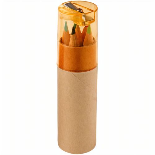 ROLS. Bleistiftbox mit 6 Buntstiften und einem Deckel mit Anspitzer (Art.-Nr. CA088208) - 6 Buntstifte in einer runden Kartonschac...