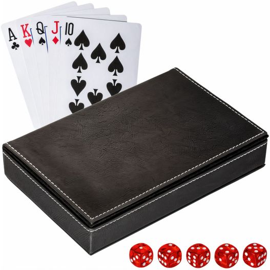 ein lederetui mit vier spielkarten und vier würfeln Spielkarten-Set mit Box RE98-SALAMINA (Bild 1)
