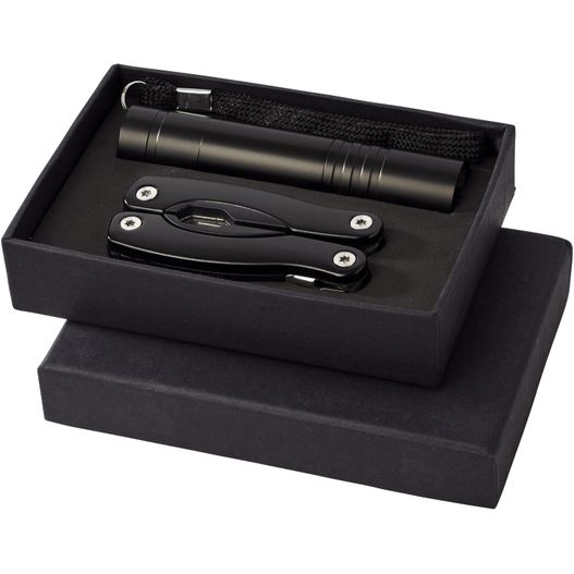 eine schwarze box mit einem messer und einem stift darin Scout Multifunktionswerkzeugs- und LED-Taschenlampen-Set (Bild 1)