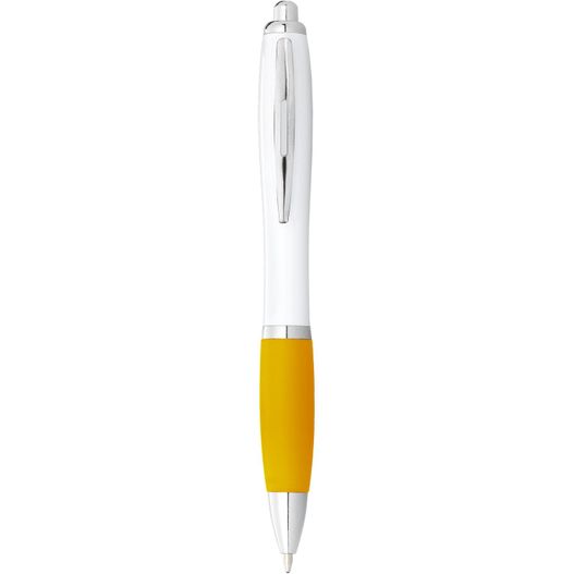 einen stift mit gelber spitze und einem weißen körper Nash Kugelschreiber weiß mit farbigem Griff (schwarze Mine) (Bild 1)