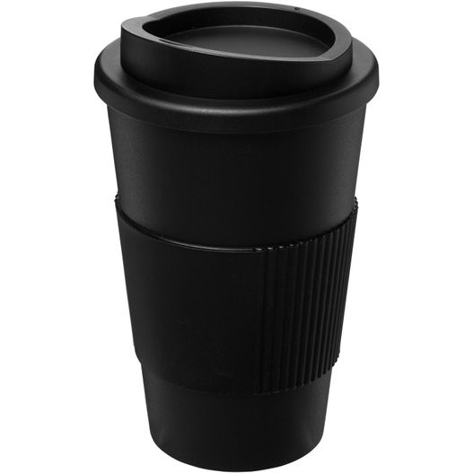 schwarzer becher mit deckel und schwarzer becherhülse Americano® 350 ml Isolierbecher mit Schutzring (Bild 1)