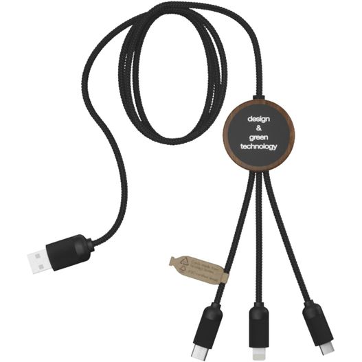 SCX.design C36 3-in-1 rPET erweitertes Ladekabel mit Leuchtlogo in rundem Bambusgehäuse (Bild 1)