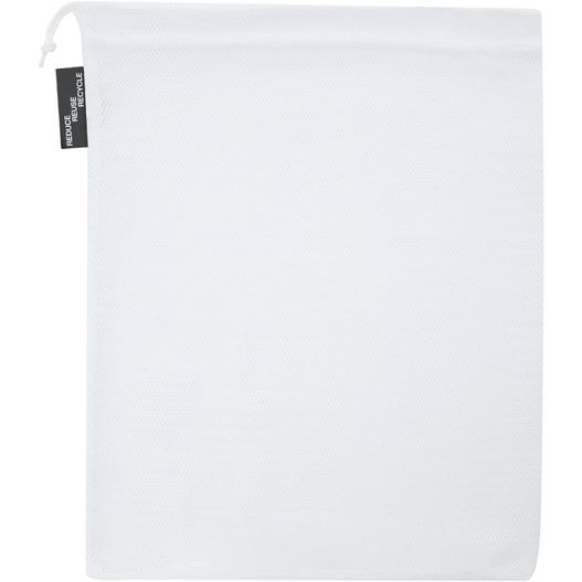eine weiße stofftasche mit einem schwarzen tag 3er-Set recycelter Polyester-Zuziehbeutel (Bild 1)