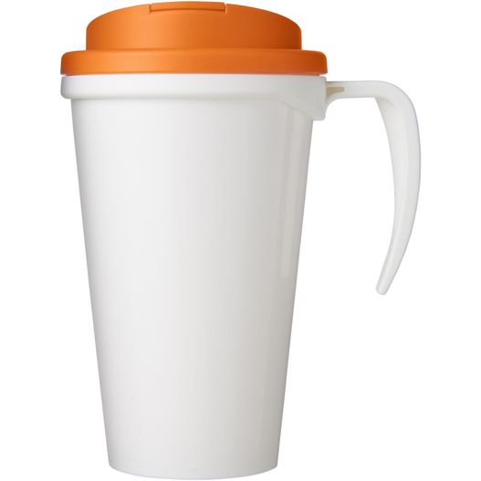 eine weiße und orange kaffeetasse mit einem deckel Brite-Ameriano® Grande 350 ml Isolierbecher mit auslaufsicherem Schraubverschluss (Bild 1)