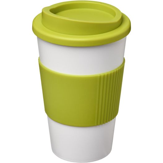 eine grüne und weiße tasse mit deckel Americano® 350 ml Isolierbecher mit Schutzring (Bild 1)