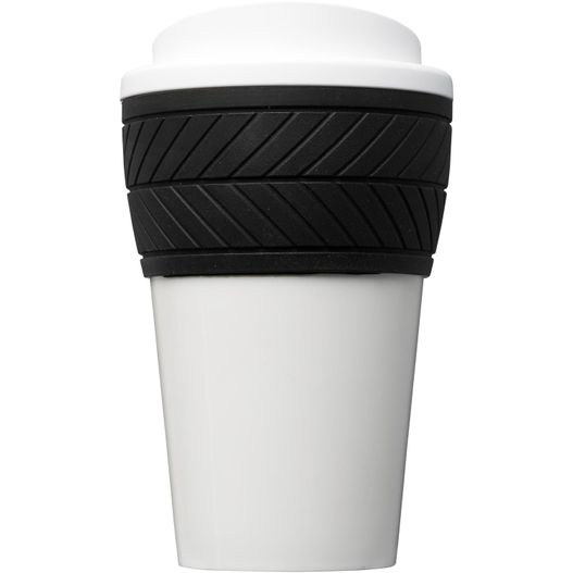 eine tasse kaffee mit einem deckel und einem schwarzen rand Brite-Americano® 350 ml Isolierbecher mit Schutzring Reifen-Design (Bild 1)