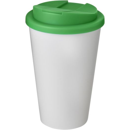 eine weiße und grüne tasse mit einem deckel Americano® 350 ml Isolierbecher mit auslaufsicherem Schraubverschluss (Bild 1)