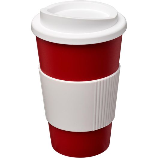 eine rote und weiße tasse mit weißem deckel Americano® 350 ml Isolierbecher mit Schutzring (Bild 1)