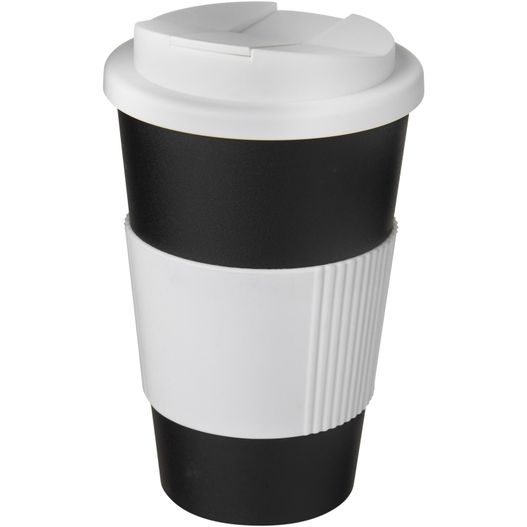 eine schwarze und weiße kaffeetasse mit einem deckel Americano® 350 ml Isolierbecher mit Schutzring & auslaufsicherem Schraubverschluss (Bild 1)