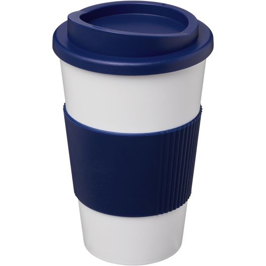 eine blaue und weiße tasse mit einem deckel Americano® 350 ml Isolierbecher mit Schutzring (Bild 1)