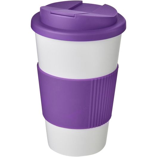 eine lila und weiße kaffeetasse mit einem deckel Americano® 350 ml Isolierbecher mit Schutzring & auslaufsicherem Schraubverschluss (Bild 1)