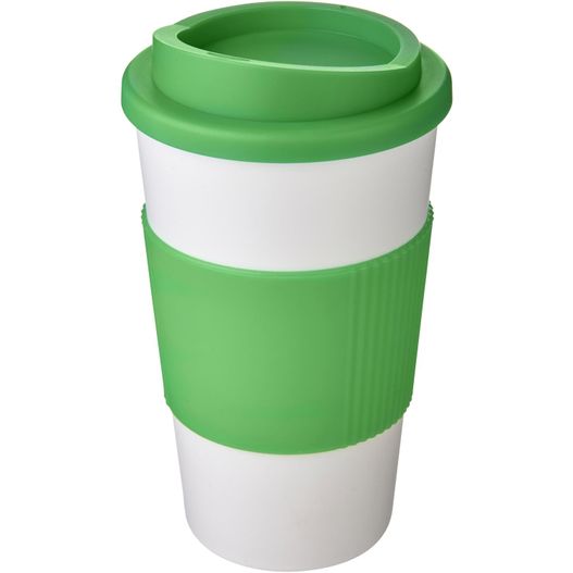 eine grüne und weiße tasse mit deckel Americano® 350 ml Isolierbecher mit Schutzring (Bild 1)