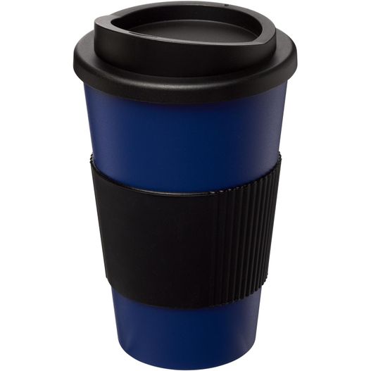 eine blaue und schwarze kaffeetasse mit schwarzem deckel Americano® 350 ml Isolierbecher mit Schutzring (Bild 1)
