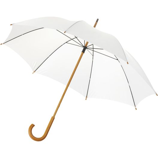 ein weißer schirm mit einem holzgriff Jova 23" Regenschirm mit Holzstange und -griff (Bild 1)