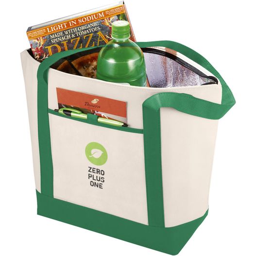 eine grüne und weiße tasche mit einer flasche wasser Lighthouse Non Woven Kühltasche 21L (Bild 1)