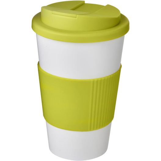 eine tasse mit einem deckel und einem grünen deckel Americano® 350 ml Isolierbecher mit Schutzring & auslaufsicherem Schraubverschluss (Bild 1)
