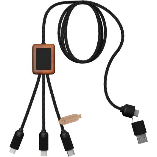SCX.design C38 40W 5-in-1 Ladekabel aus rPET in quadratischem Bambusgehäuse mit Leuchtlogo (Bild 1)
