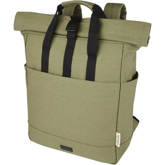 einen rucksack mit einem gurt an der vorderseite Joey 15" GRS Rolltop Laptoprucksack aus recyceltem Canvas 15 L (Bild 1)