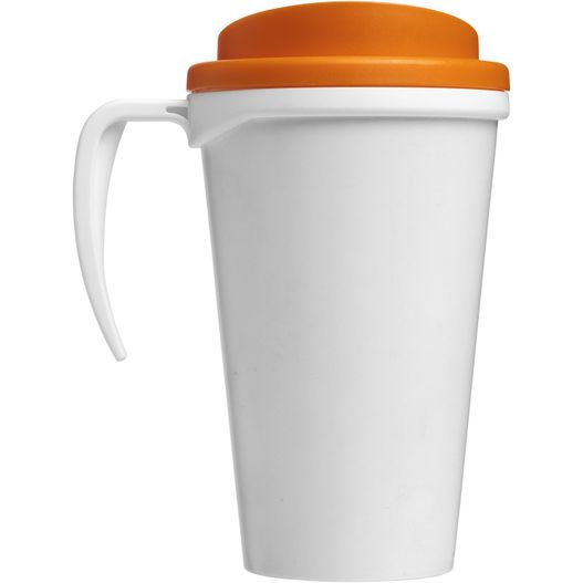 eine weiße tasse mit einem orangen deckel und einem griff Brite-Ameriano® Grande 350 ml Isolierbecher (Bild 1)