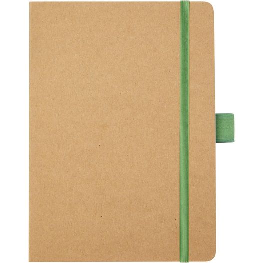 ein braunes notizbuch mit einem grünen streifen auf der vorderseite Berk Notizbuch aus recyceltem Papier (Bild 1)