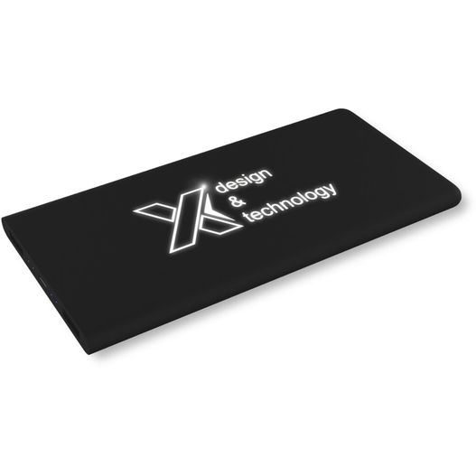 eine schwarze visitenkarte mit einem weißen logo SCX.design P15 5000 mAh Powerbank mit Leuchtlogo (Bild 1)